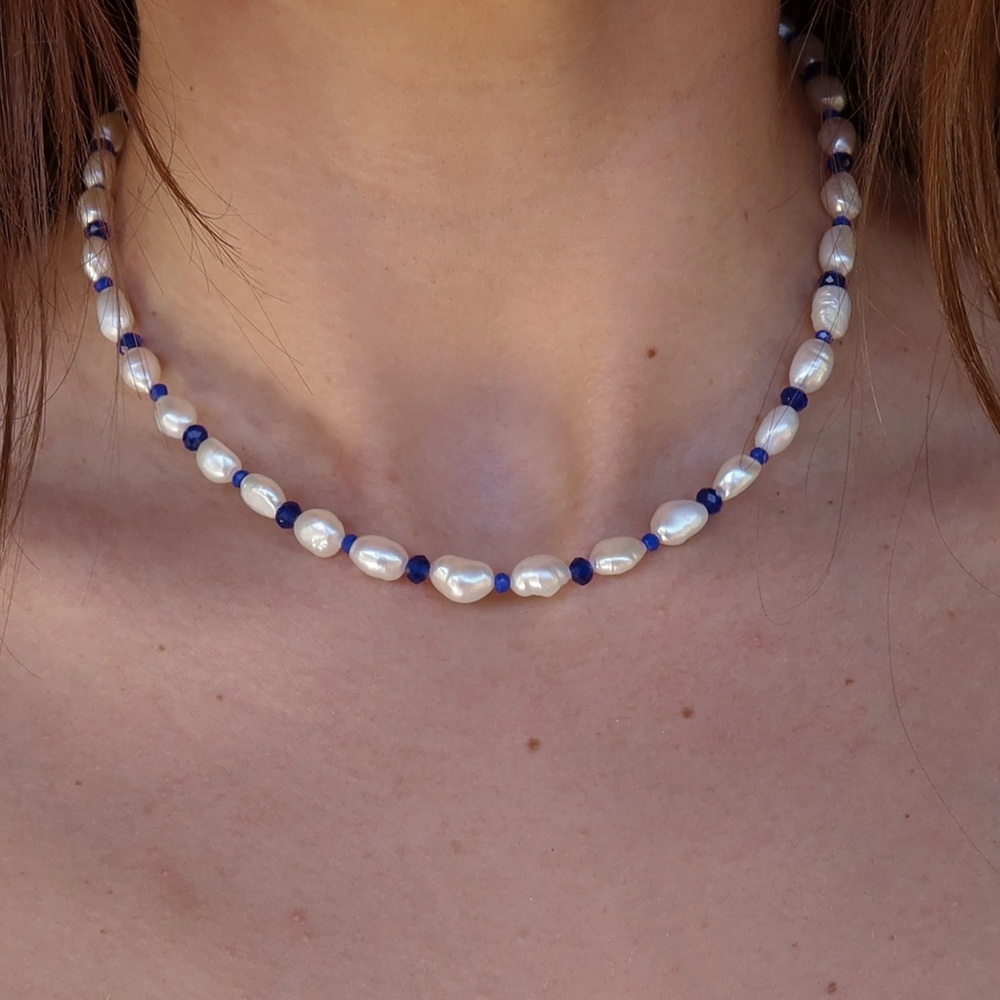Freshwater Pearl & Blue Crystal Beaded Necklace - Picture 1 of 5
